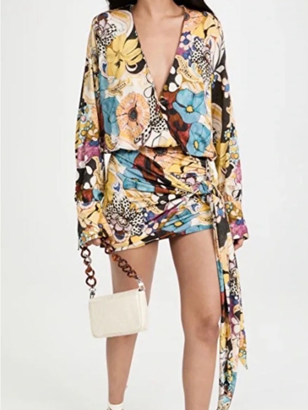 New Without Tags Alexis Monica Floral Wrap Mini Dress in Yellow, Blue & Black